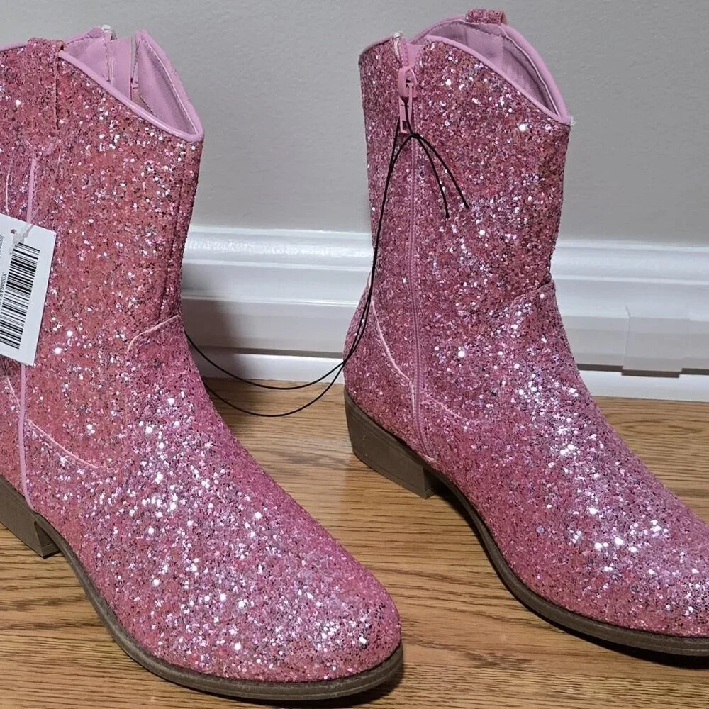 🆕Girls Pink Glitter Manmade Glitter Cowgirl Mid Calf Cowboy Western Boots